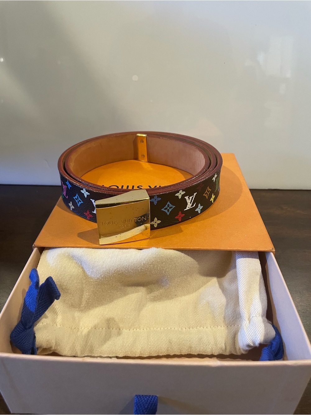 Louis Vuitton Multicolor Monogram Black Canvas Belt with Gold Buckle. Size 90/36 - Picture 2 of 10